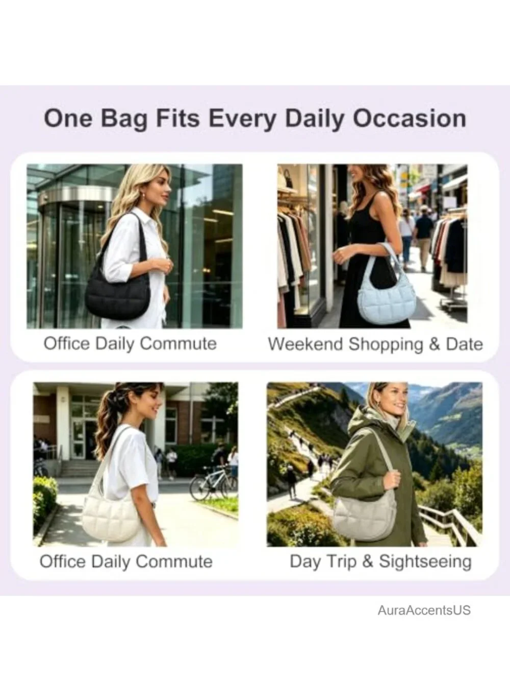 Quilted Nylon Puffer Crescent Hobo Bag with Adjustable Strap